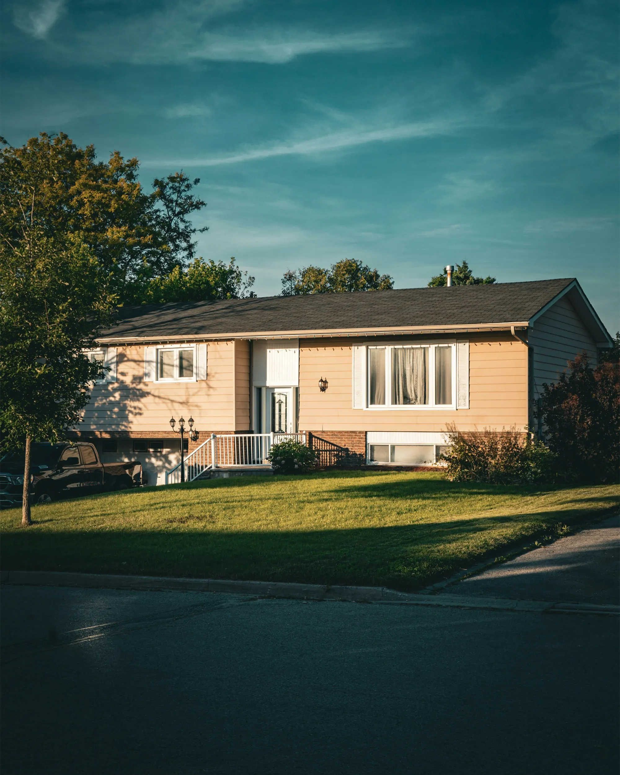 Single-story house in evening light